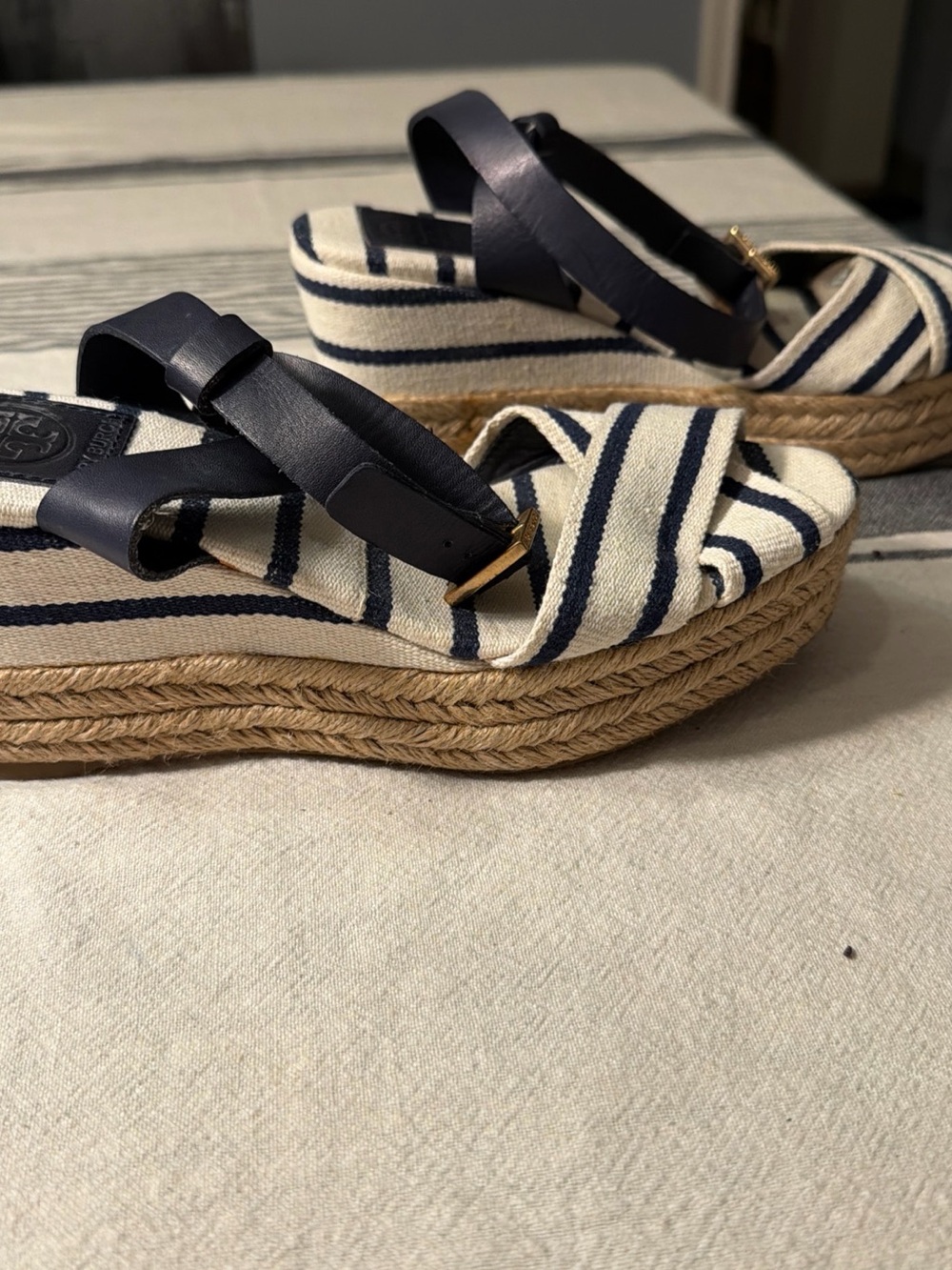 Tory Burch Navy and White Striped Espadrille Wedge Sandals size 7 women’s